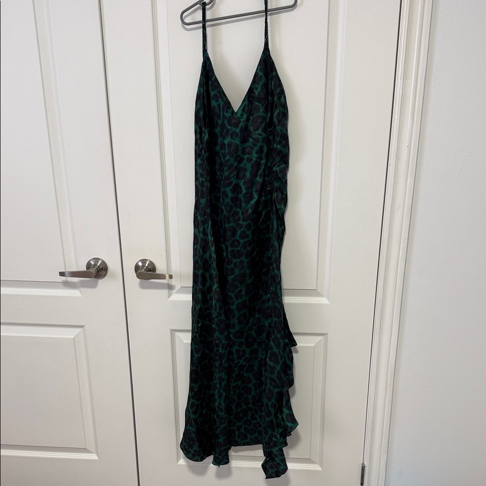 Sandro Women's Green Ruched Leopard-print Satin-twill Midi Slip Dress size 40 - Picture 6 of 8